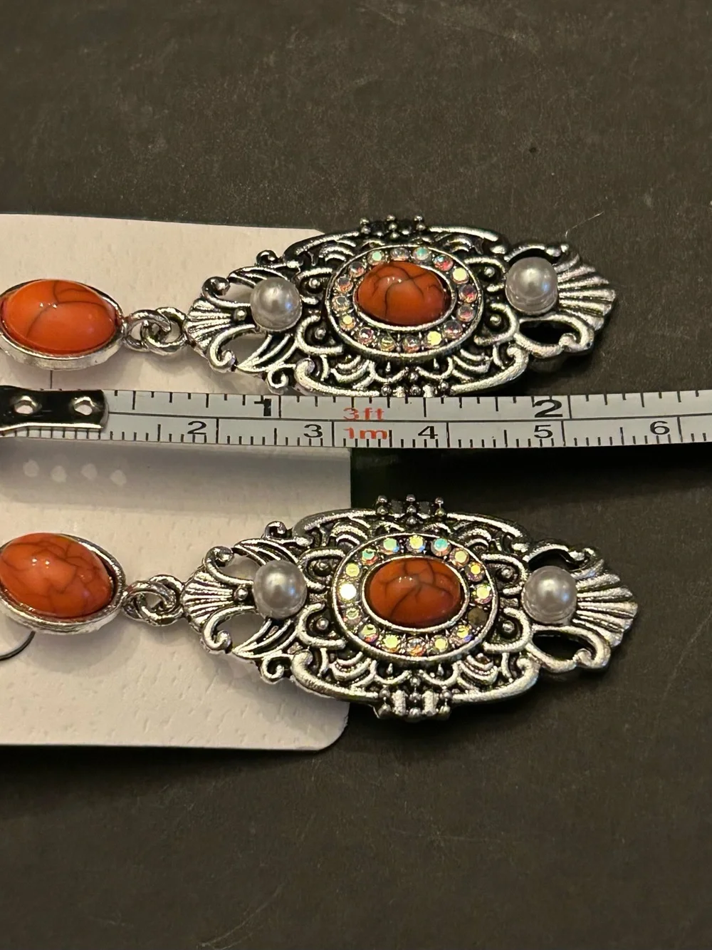Nicole Turquoise & Orange Faux Stone Filigree Drop Earrings with Pearl Accents